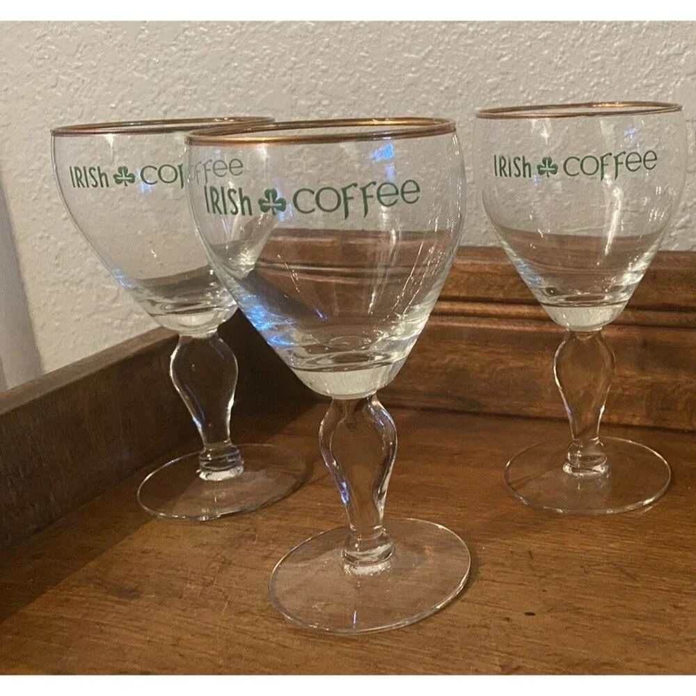 Vintage Irish Coffee Glasses Wine Goblets Style Shamrock Gold Rim Set Of 3